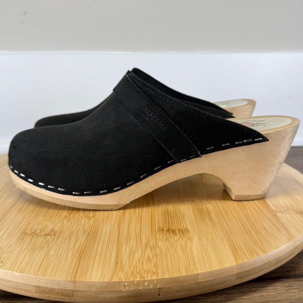 Good Maguba Clog Mules Women 37 Black Good Suede Wood Stapled Swedish Shoes - Picture 3 of 8